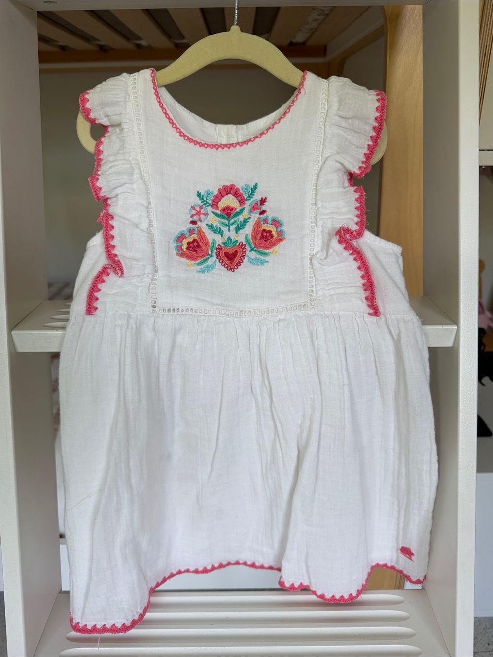 babycottons White Cotton Dress with Pink Trim and Floral Embroidery